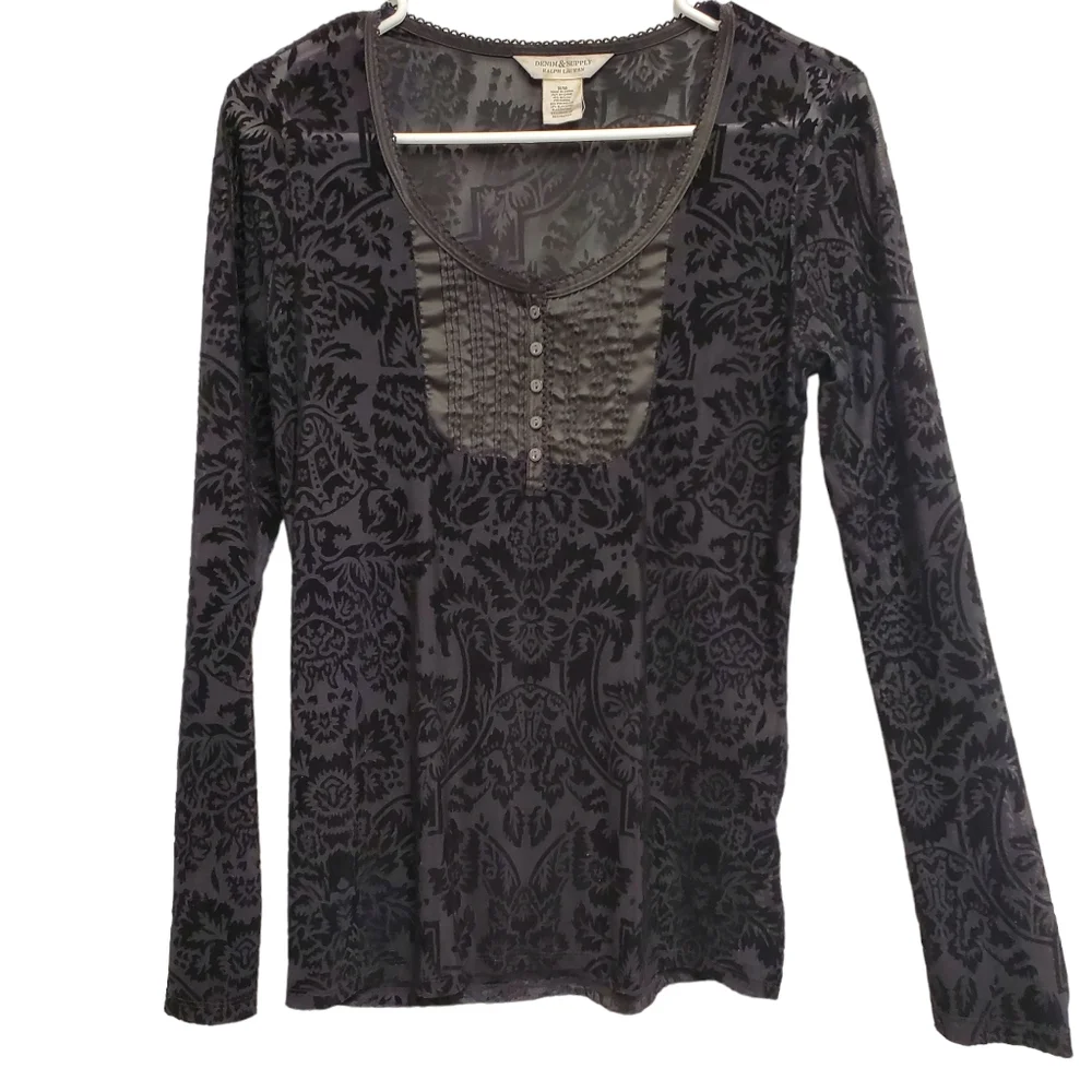 Velvet Burnout Long-Sleeve Scoop Neck Top - Black - Picture 2 of 7